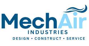 Logo of MechAir Industries featuring the words "MechAir Industries" in blue, with a small wave symbol above the "A" in "Air." Below, it reads "Design • Construct • Service" in smaller text.