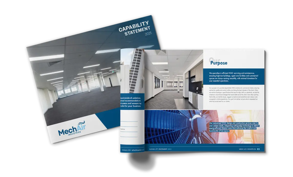 Image of MechAir's Capability Statement 2023 brochure. The cover displays a spacious office interior and the company logo. An open page features a purpose statement and a photo of a modern office. Text and design elements are in blue and white.