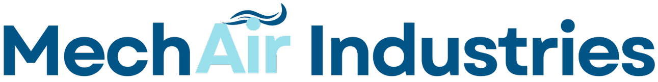 Logo of MechAir Industries with stylized text. The "A" in "Air" includes a wave-like design above it. The letters are in shades of blue.