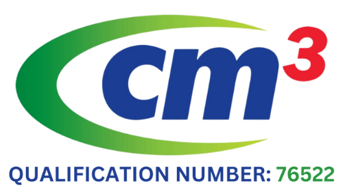 Logo with the text "cm³" in blue and red, surrounded by a green curved shape, above the words "QUALIFICATION NUMBER: 76522" in blue and green on a white background.